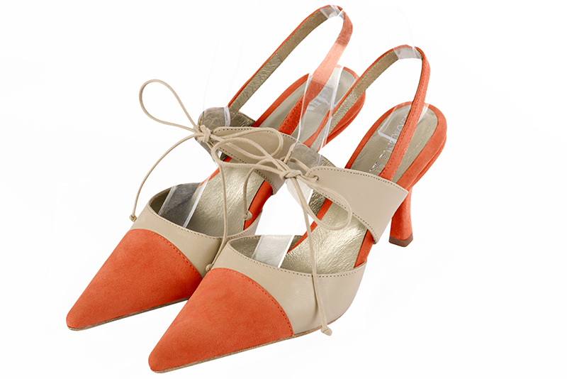 Clementine orange and champagne beige women's open back shoes, with an instep strap. Pointed toe. High slim heel. Front view - Florence KOOIJMAN